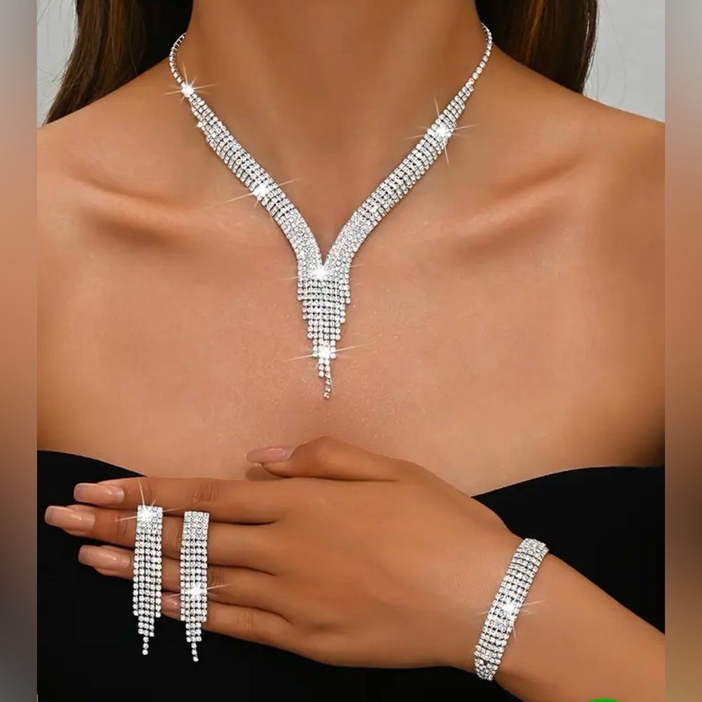 Dazzle in Elegant Silver Fashion Jewelry Set- Necklace Earrings and Bracelet